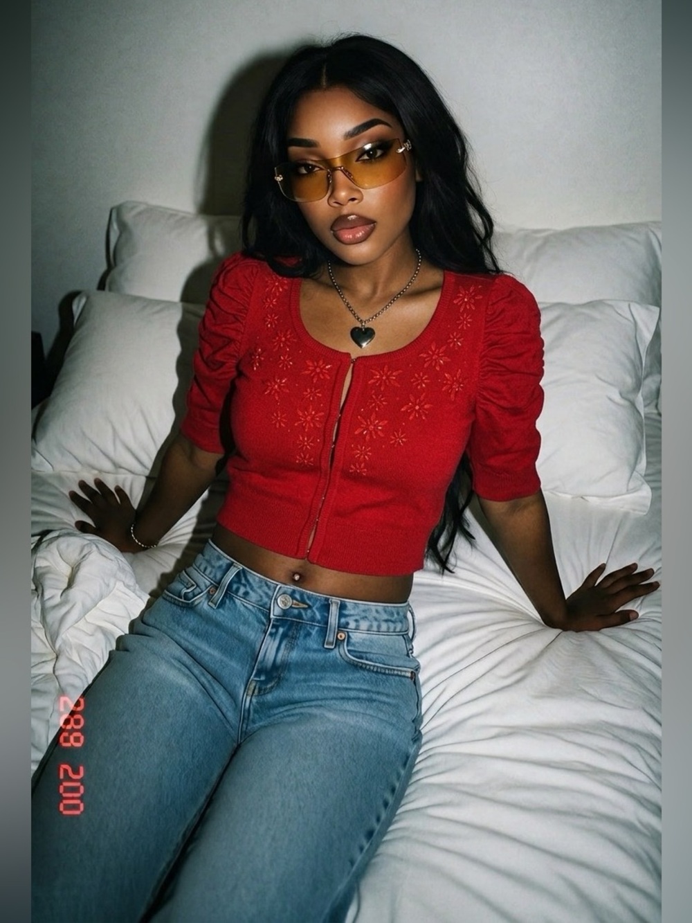#oldmoney INC International Concepts Red Embellished Puff-Sleeve Cardigan